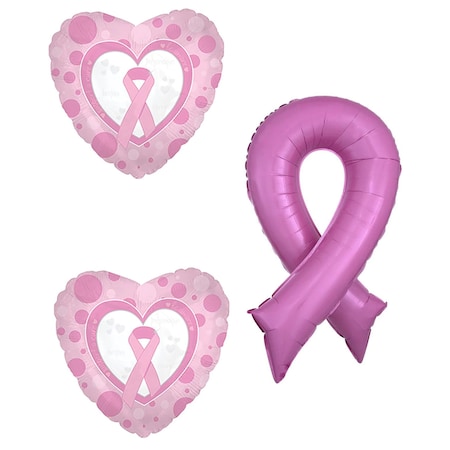 Breast Cancer Awareness Pink Bow Ribbon Heart 3 Mylar Balloons Kit Set
